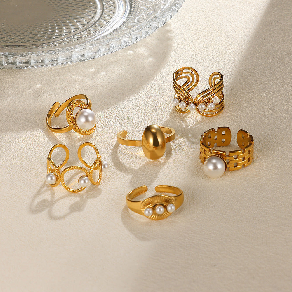 Stainless Steel Pearl Hollow Geometry Open Ring - Norellé