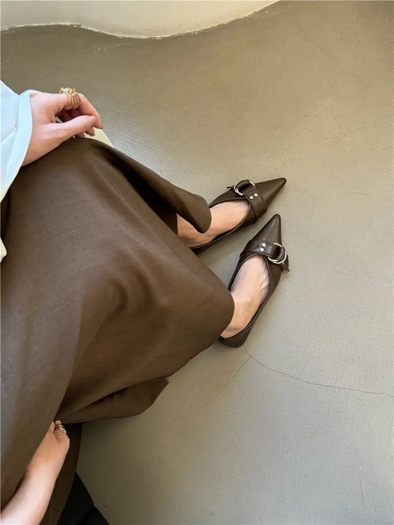 Metal Belt Buckle French Pointed Flat Bottom Pumps