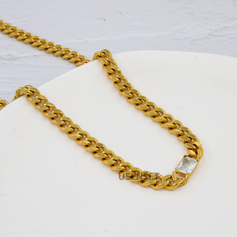 Stainless Steel Cuban Link Chain Zircon Stitching Necklace Vacuum 18K Electroplating - Norellé