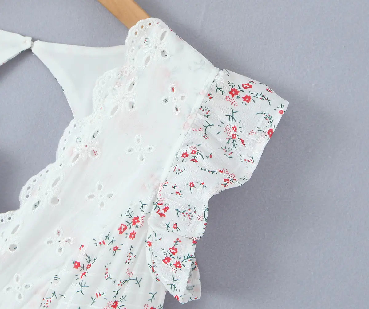 French Sweet Style Lace Stitching Flower Printed V-neck Short Sleeve Dress