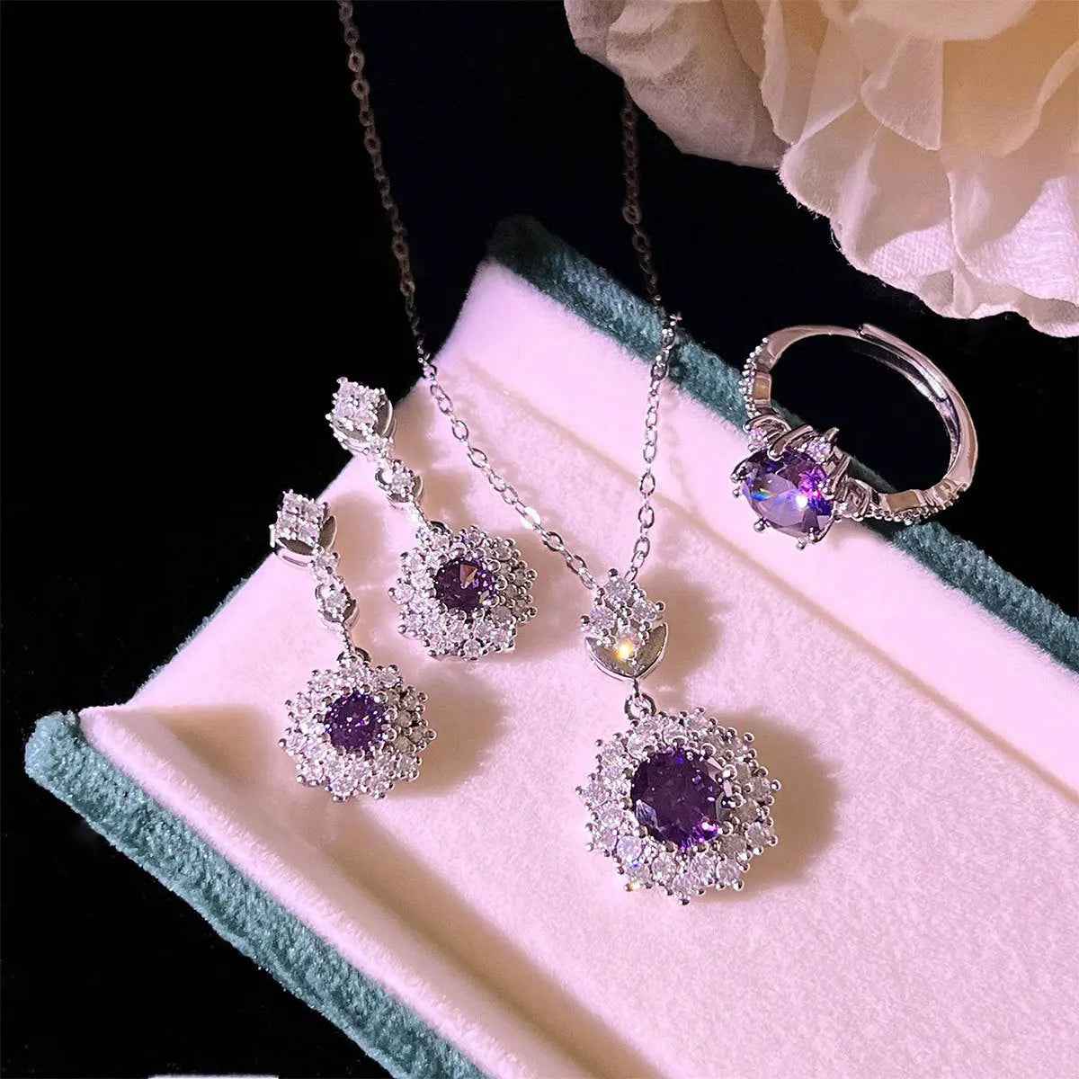 Amethyst Rings Pendants Stud Earrings Three-piece Set - Norellé