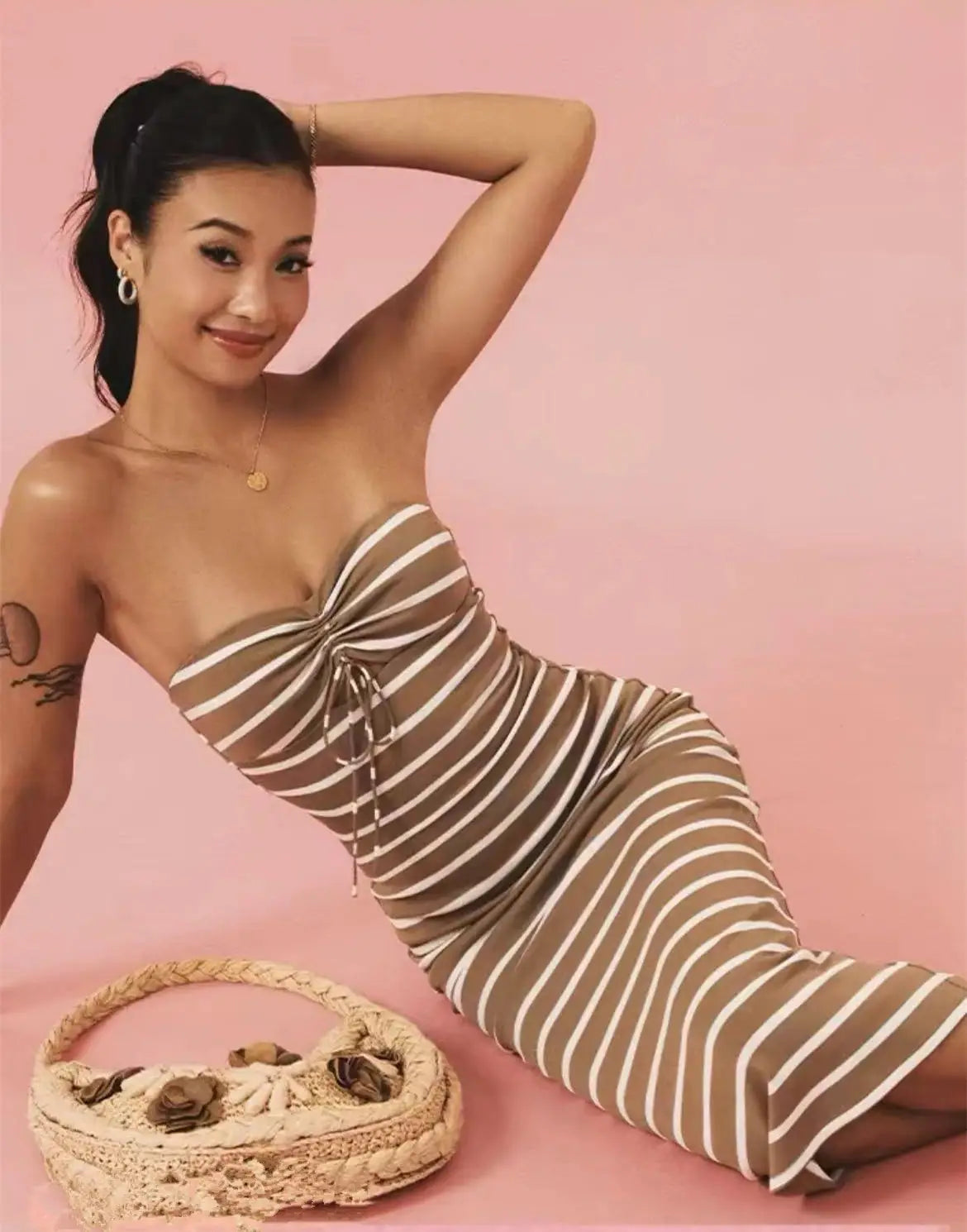 Striped Chest Wrap Hollow Pencil Dress