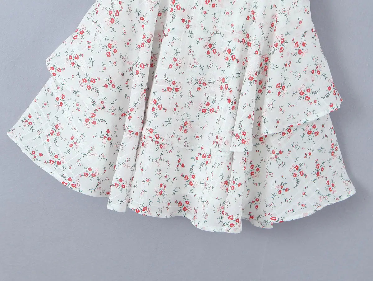 French Sweet Style Lace Stitching Flower Printed V-neck Short Sleeve Dress