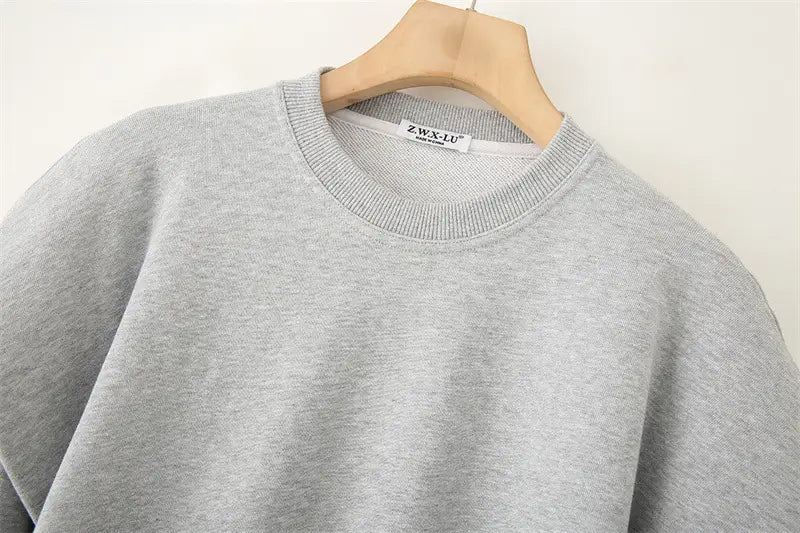 Solid Color Pleated Heavy Fabric Round Neck Long Sleeve Sweater