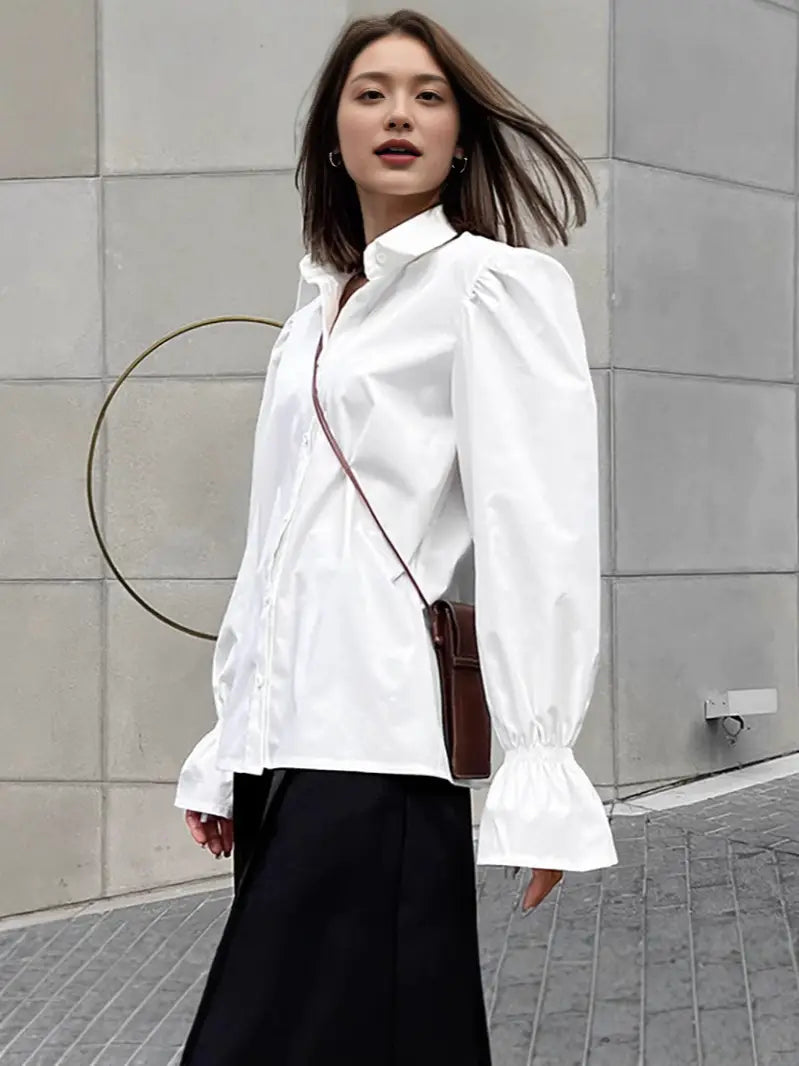 White Loose Puff Sleeves Shirt Women’s Top