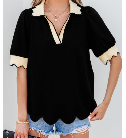 Black Color Contrast Collared V Neck Puff Sleeve Blouse - Norellé