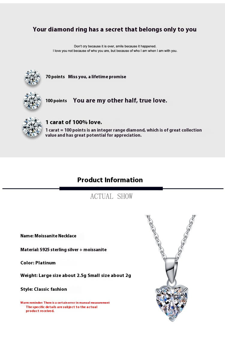 S925 Sterling Silver Moissanite Pendant Heart Necklace