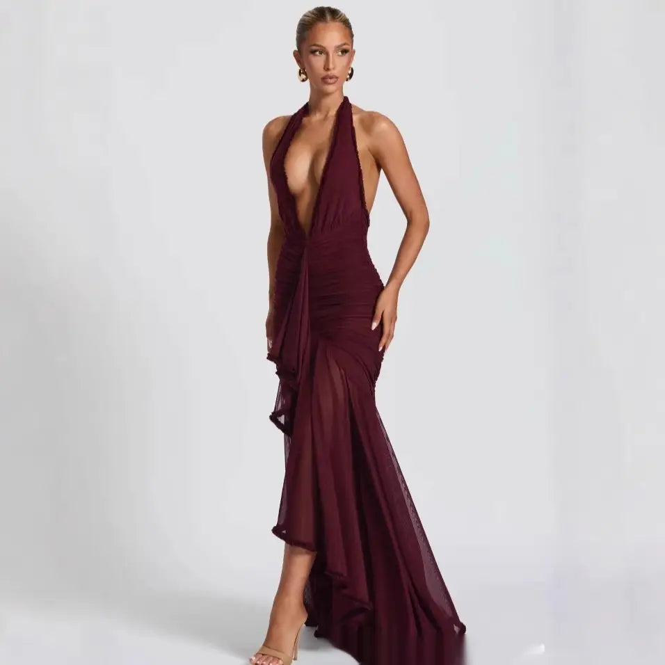 Wine Red Lace Deep V Dress