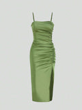 Solid Color Ruched Bodycon Slit Cami Dress - Norellé