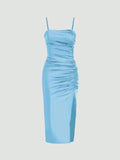 Solid Color Ruched Bodycon Slit Cami Dress - Norellé