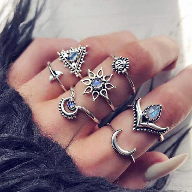 Sun Crescent Triangle Gem Fishtail Flower Ring Suit - Norellé