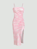 Solid Color Ruched Bodycon Slit Cami Dress - Norellé