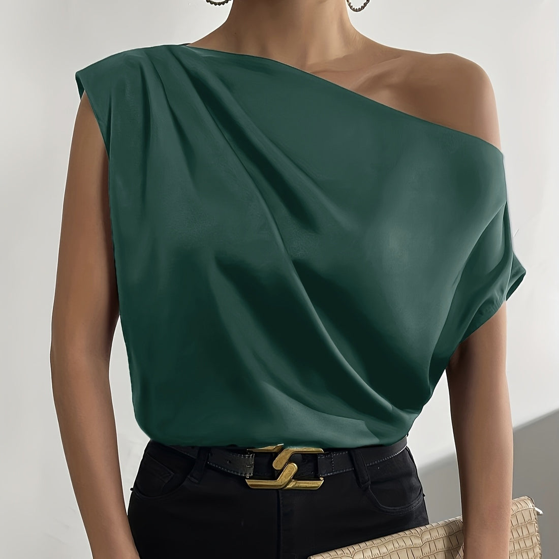 Ladies' Solid Color Asymmetrical Off Shoulder Top - Norellé