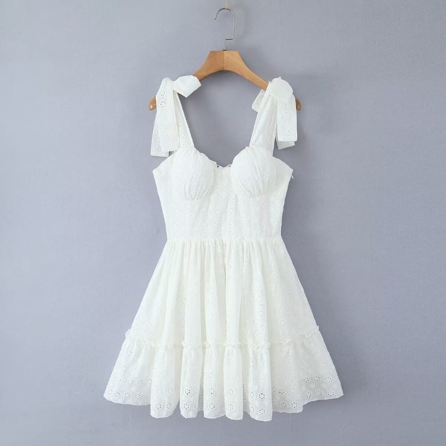 Sweet Cutout Embroidery Chic Lace Up Short Dress French Style V-neck