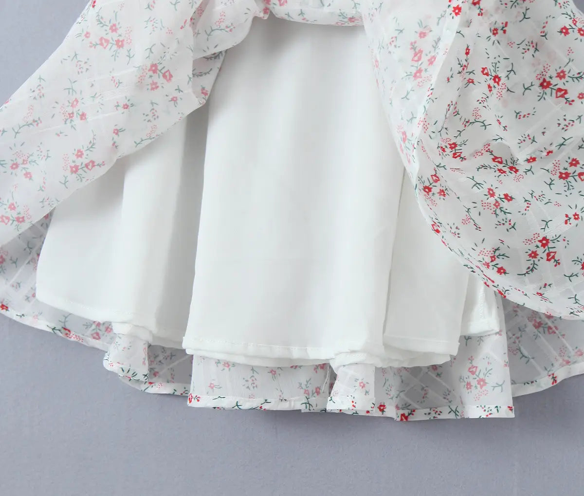 French Sweet Style Lace Stitching Flower Printed V-neck Short Sleeve Dress