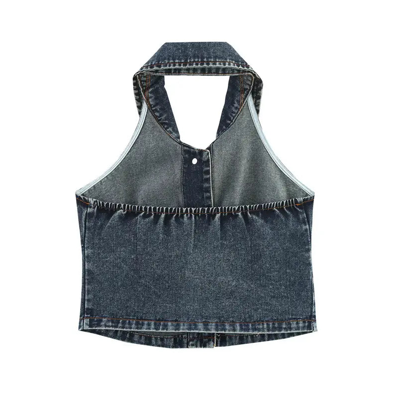 Big Backless Lapel Halter Denim Camisole