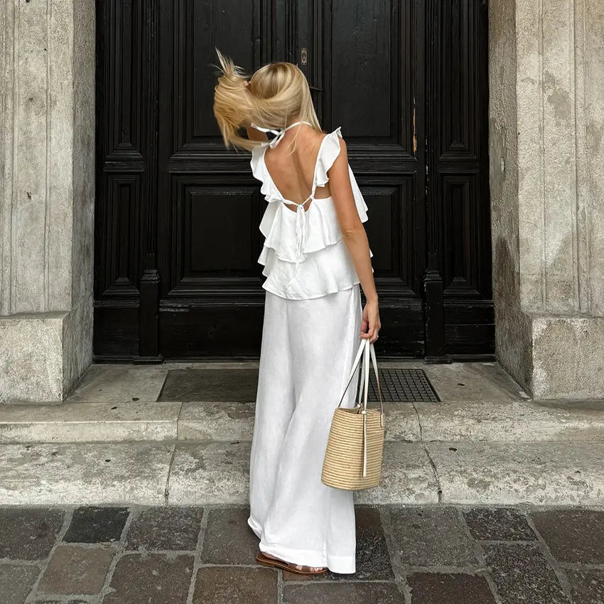 Cotton And Linen V-neck Backless Lace-up Top High Waist Casual Trousers Suit