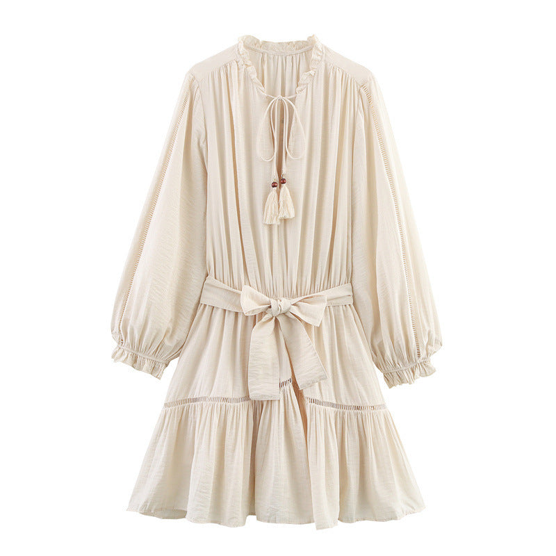 Elegant Slim-fit Wrinkle Effect Long Sleeve V-neck Dress - Norellé