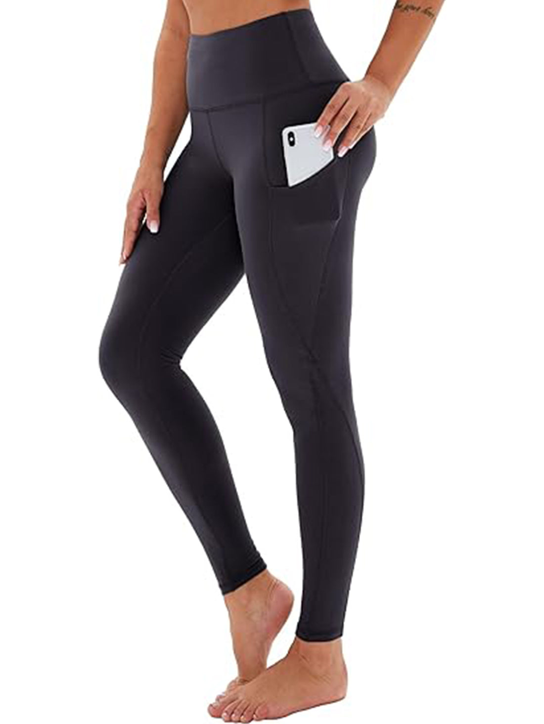 Yoga Pants - Cropped High-waisted Slanted Pockets Solid Color Polyester Double Grind Black - Norellé