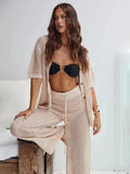 2 Piece Knitted Openwork Outfit for Women - Beige / L