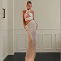 2-Piece Set Backless Beach Hanging Neck Top Long Dress