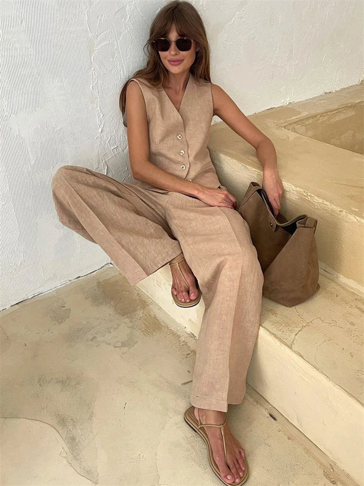 2 Piece-Set Fashion Women Wide Leg Trousers - Khaki / L