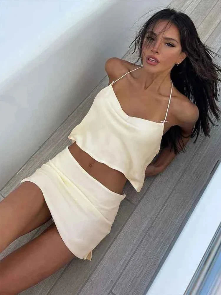 2 Piece Set Women Halter Swing Collar Ruffles Hem Tops+Mini Skits