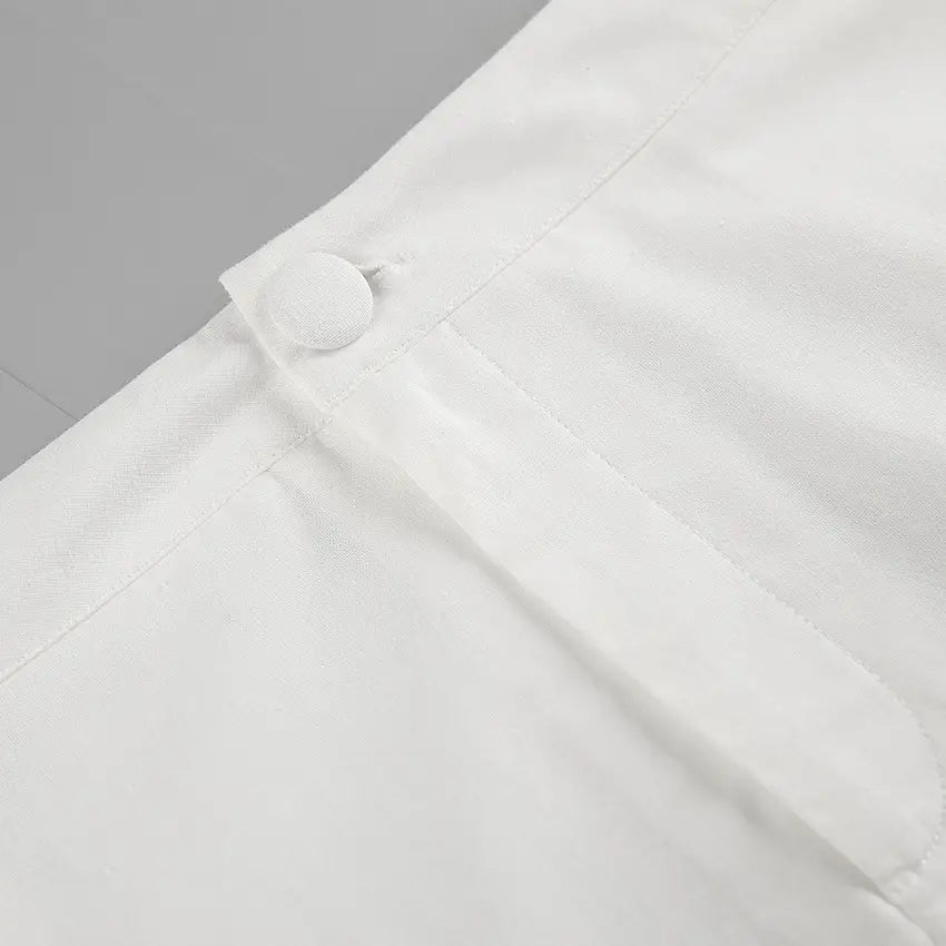 White Cotton Linen Sleeveless Stand Collar Top Slit Loose Long Skirt Two-piece Set