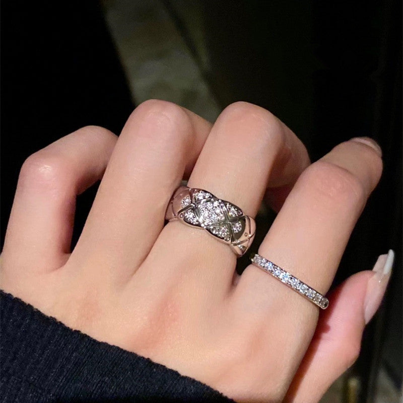 Micro Inlaid Zircon Classic Style Diamond Plaid Ring Open Ring - Norellé