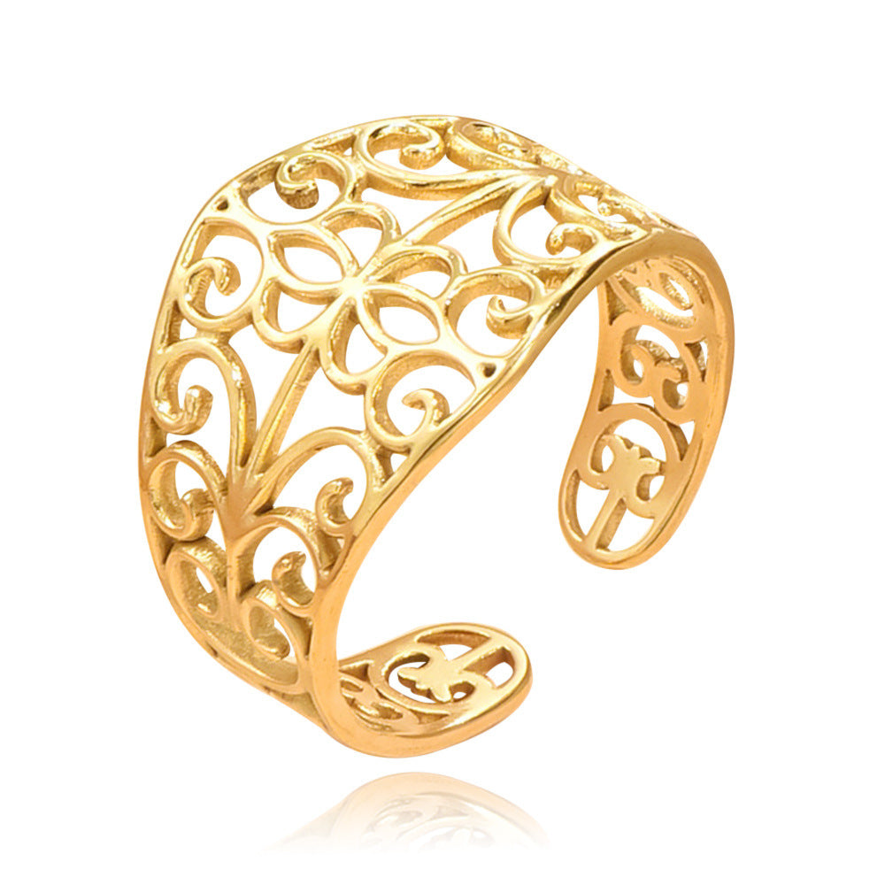 Elegant Court Retro Style Hollow Pattern Open Stainless Steel Ring For Women - Norellé