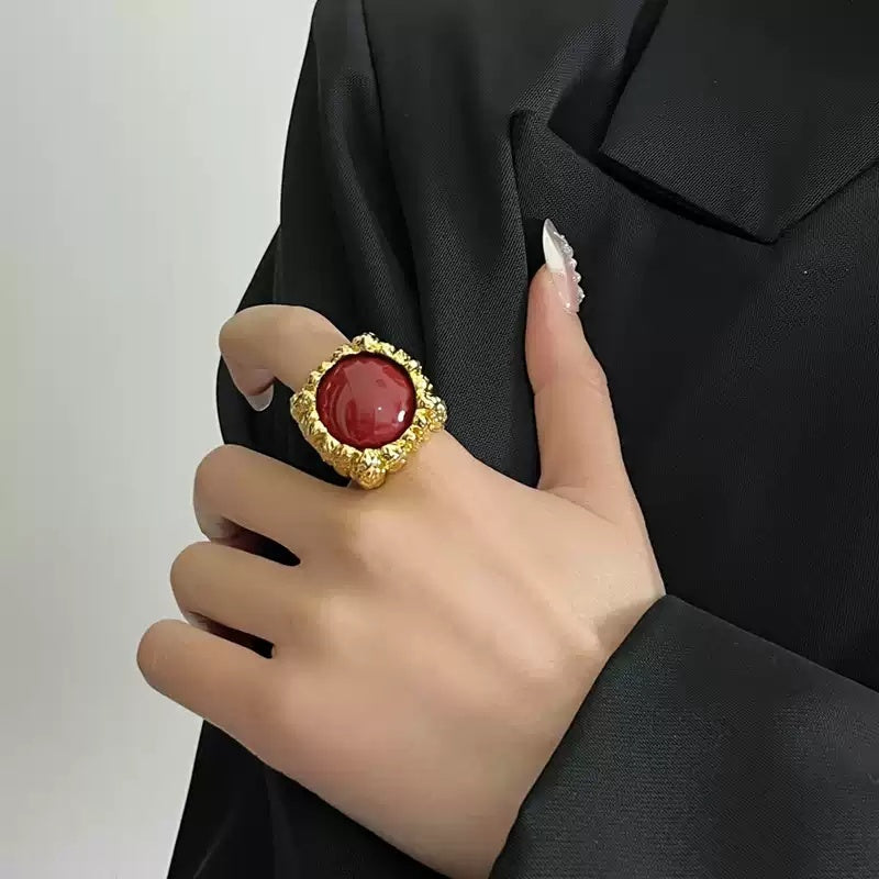 Large Resin Gemstone Open Ring Female Mid-ancient Wide Version Gold - Norellé