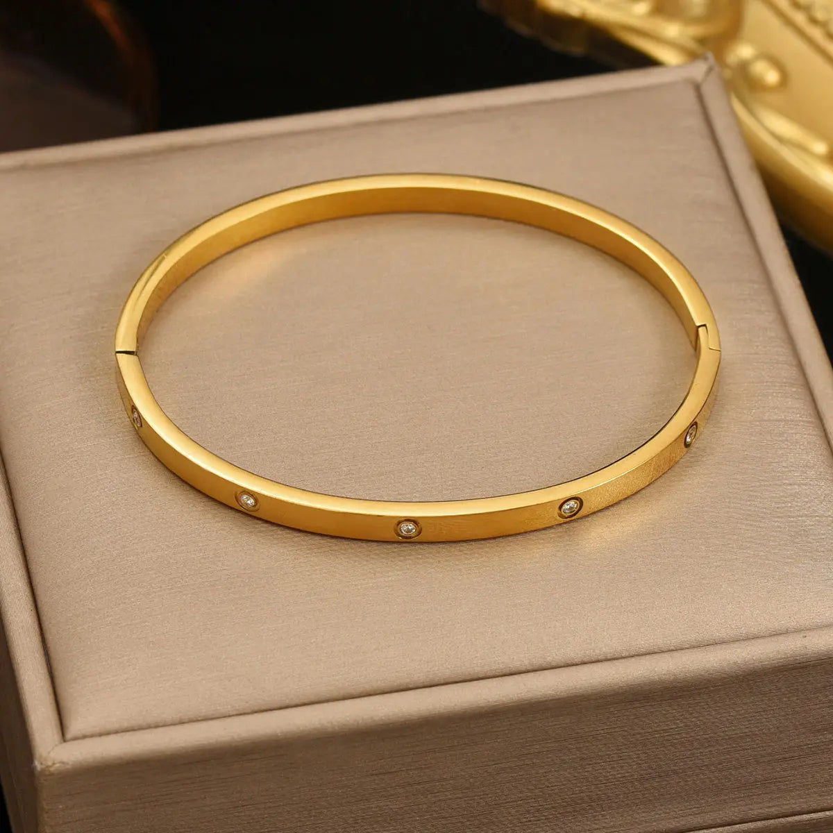 Lxalry 18K Gold Plated Stainless Steel Minimalist Bracelet Hypoallergenic Circle Rhinestone Jewelry  Secure Inlay Tarnish Free Design Skin Safe Luxury Gift For Her Golden Hour Glow, Everyday Wear A - Norellé