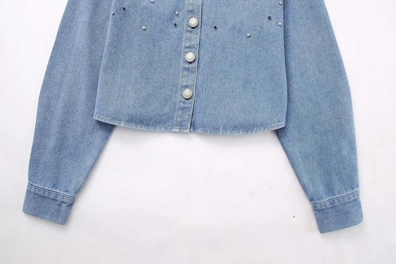 Long Sleeve Rhinestone Short Denim Shirt