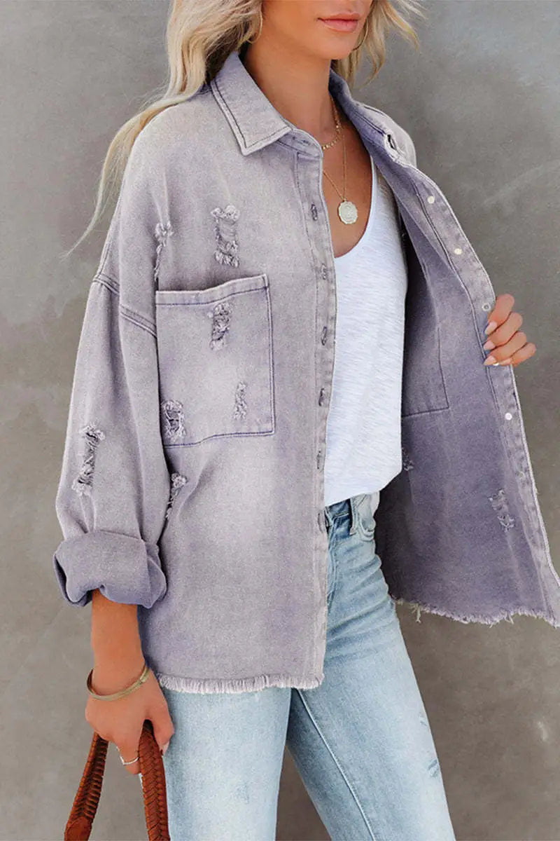 Lapel Long Sleeve Retro Street Ripped Burr Denim Coat