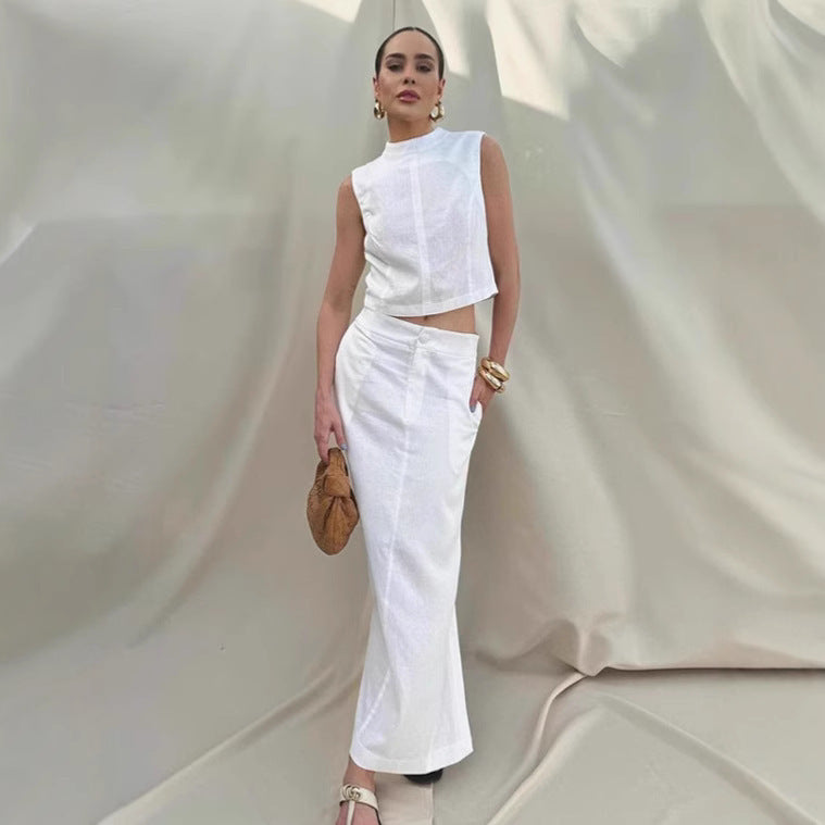 White Cotton Linen Sleeveless Stand Collar Top Slit Loose Long Skirt Two-piece Set - Norellé