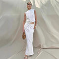 White Cotton Linen Sleeveless Stand Collar Top Slit Loose Long Skirt Two-piece Set - Norellé