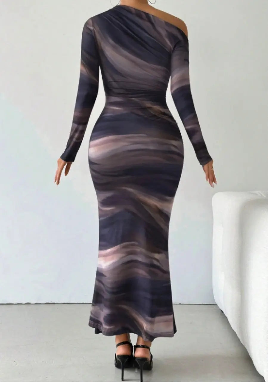 Tie-dyed Crossbody Shoulder Asymmetric Fold Dress