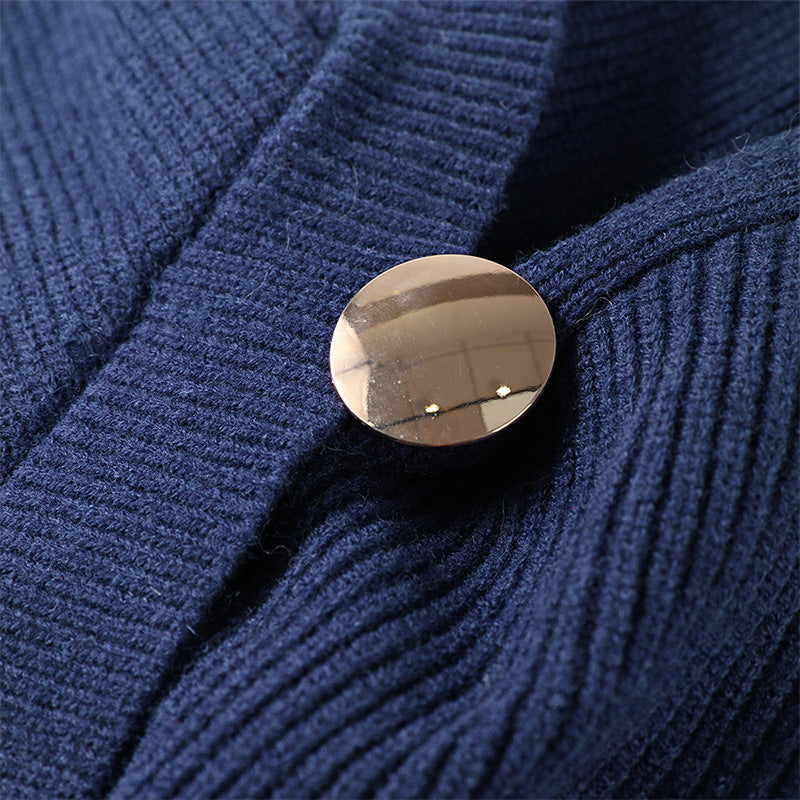 Dark Blue Irregular V-neck Fitted Waist Sweater Knitwear - Norellé