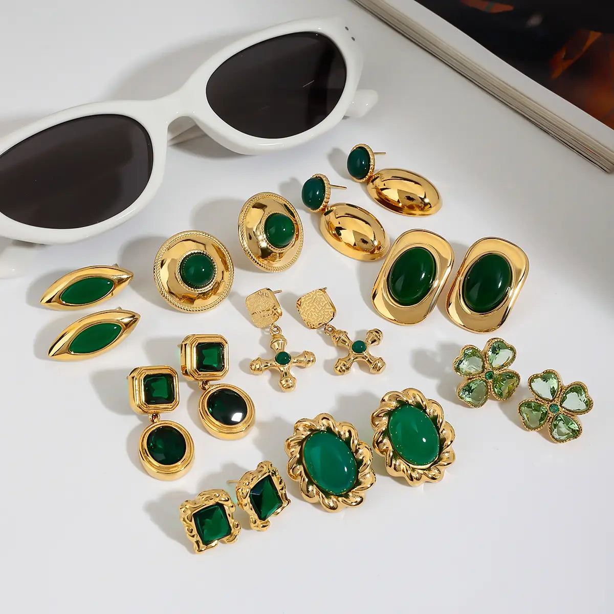 Stainless Steel Studs Ornament Green Agate