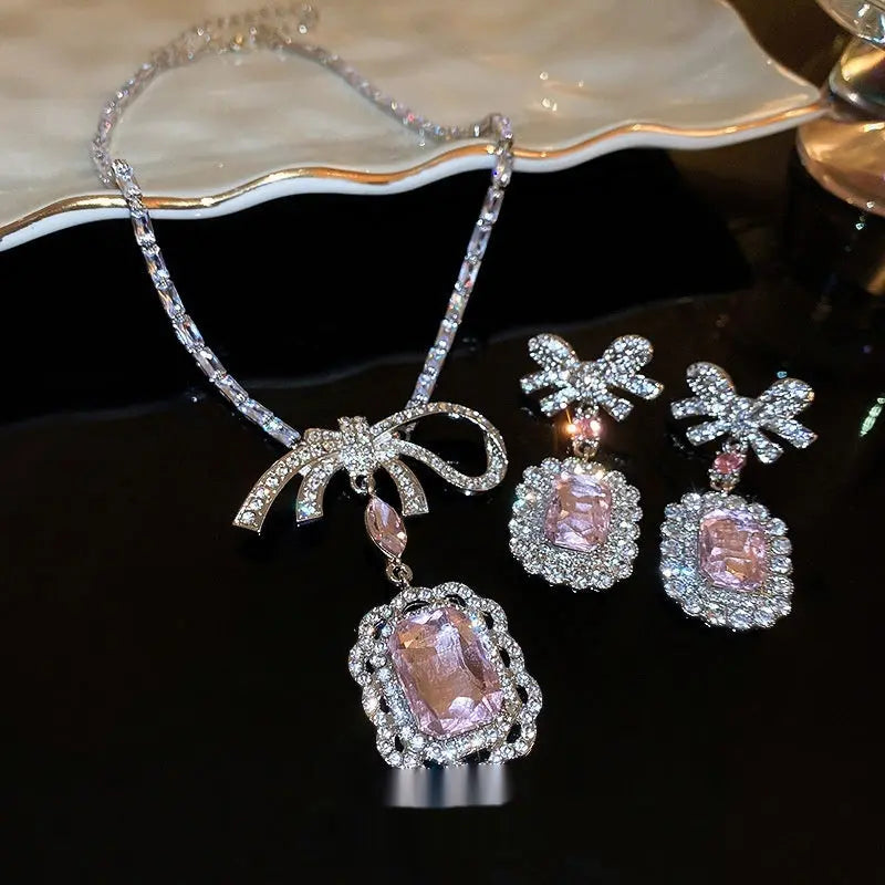 Rhinestone Zircon Square Bow Necklace And Earrings Suite - Norellé