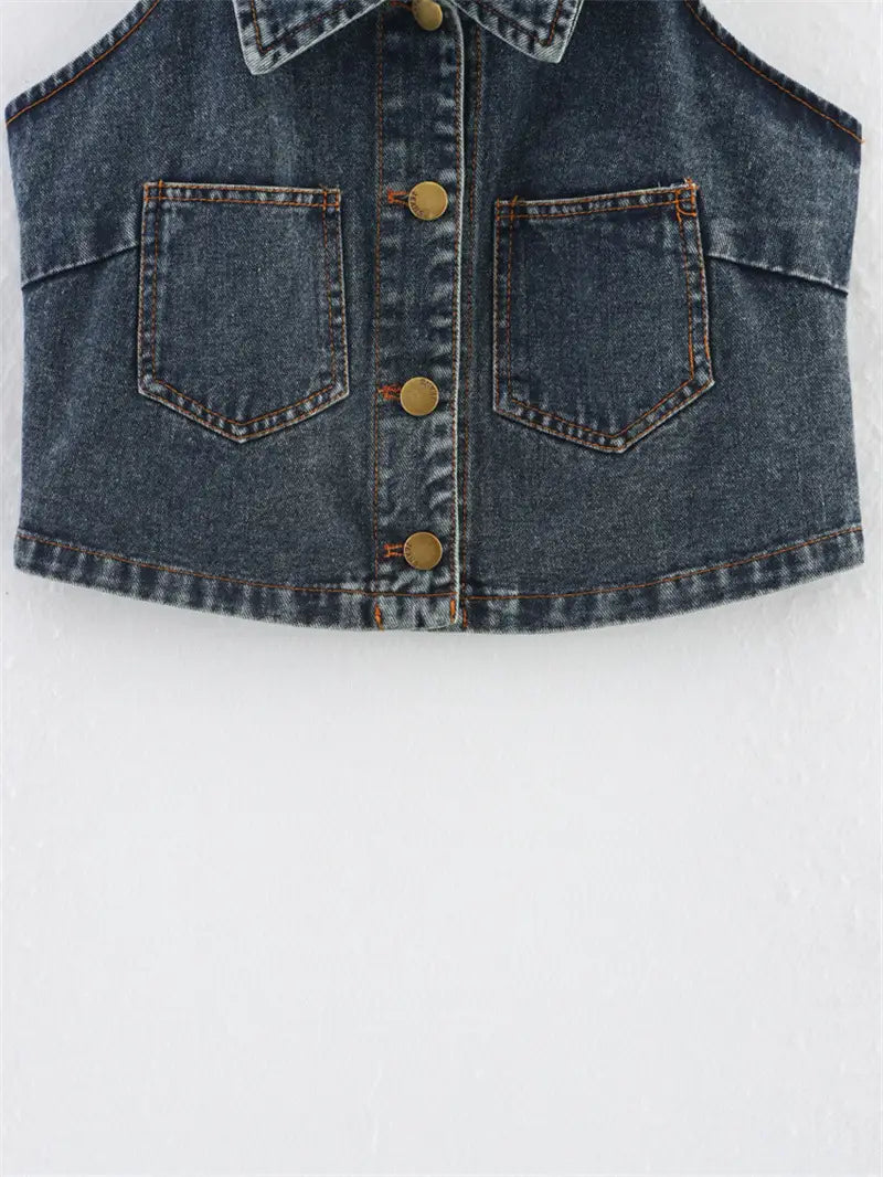 Big Backless Lapel Halter Denim Camisole