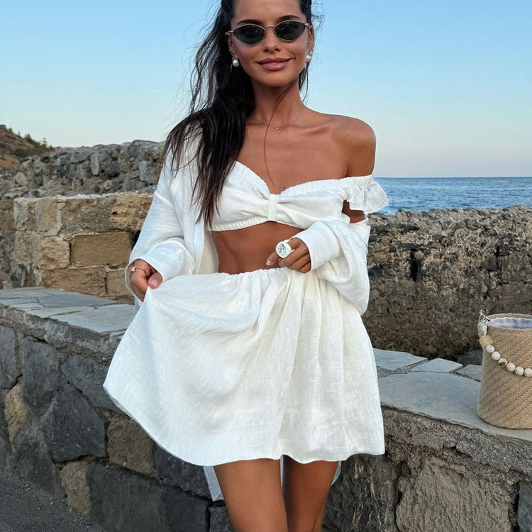 White Sleeveless Camisole High Waist Short Skirt Two-piece Set - Norellé
