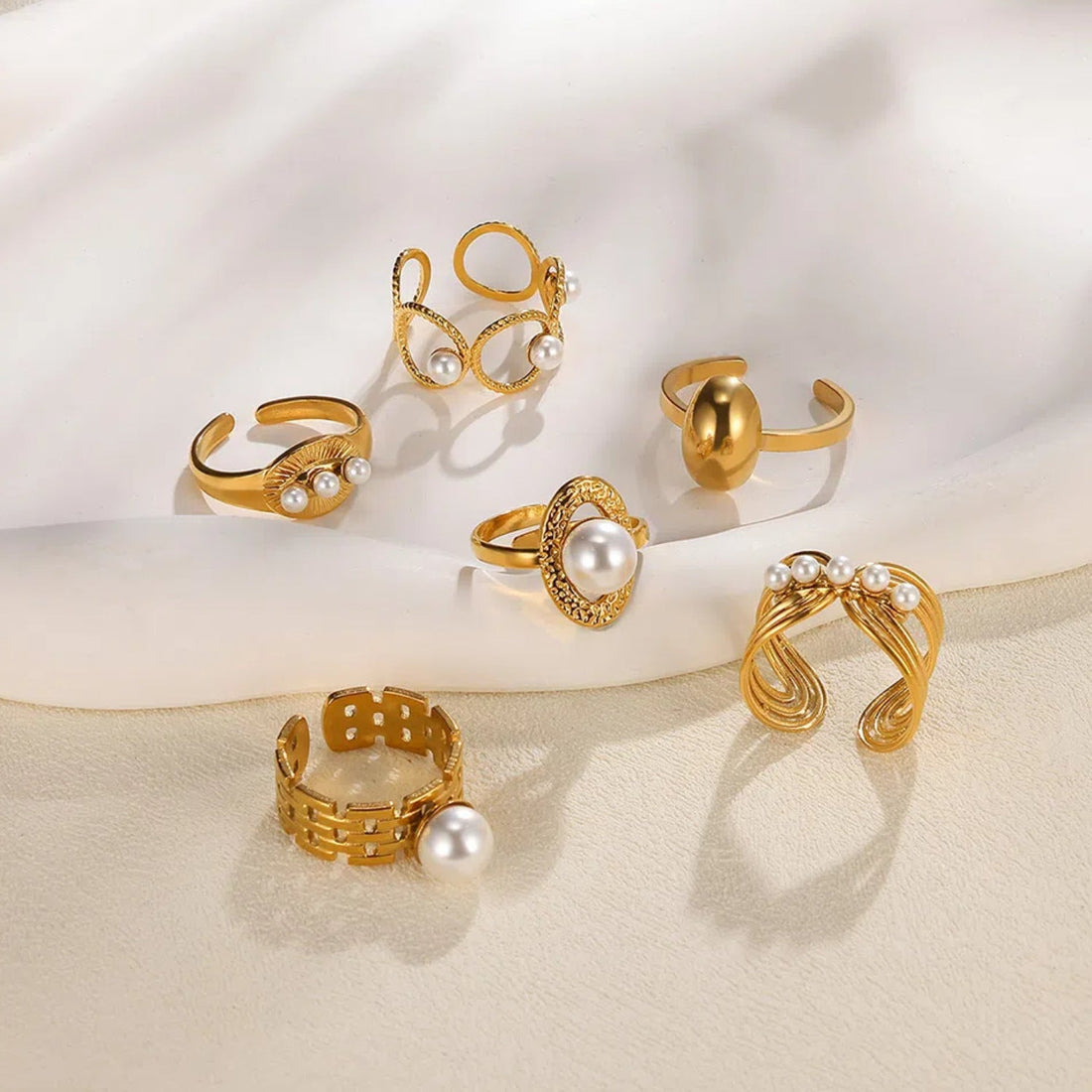 Stainless Steel Pearl Hollow Geometry Open Ring - Norellé