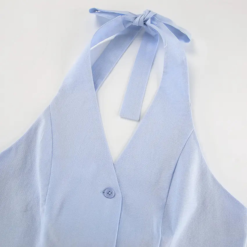 Blue Cotton Linen Sleeveless Waistcoat Vest Trousers Suit