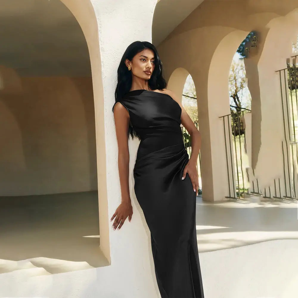 Satin Elegant Slim-fit One-shoulder Dress Sheath