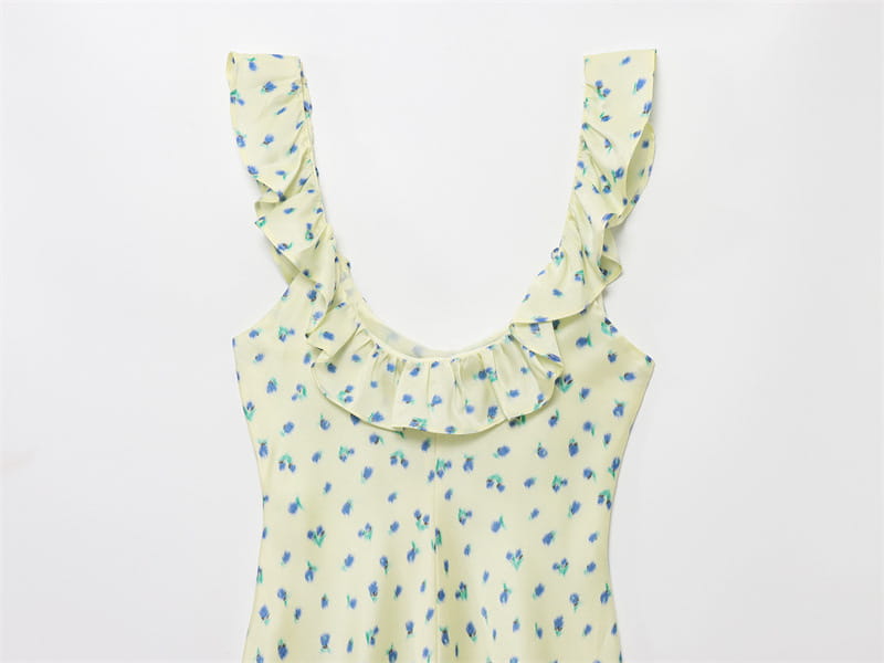 French Retro Silk Satin Texture Printed Round Neck Dress