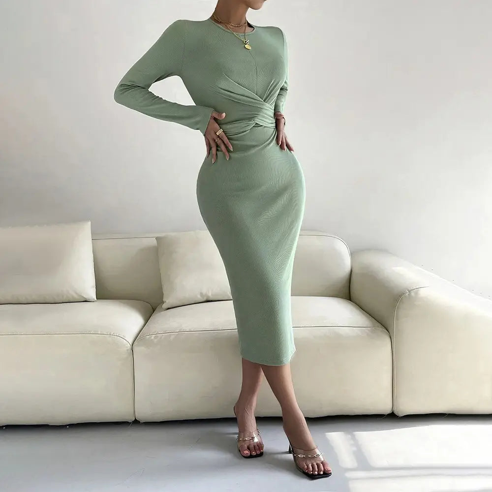 Round Neck Slim-fit Sheath Long Sleeve Dress