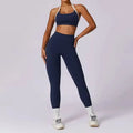 2Pcs Gym Set Women Workout Backless Yoga Suit - Badge Blue / S / CHINA