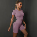 2PCS Seamless Women Yoga Set Gym Sportswear Sport Top and Hight Waist Short Suit - Light Purple / L