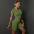 2PCS Seamless Women Yoga Set Gym Sportswear Sport Top and Hight Waist Short Suit - Army Green / L